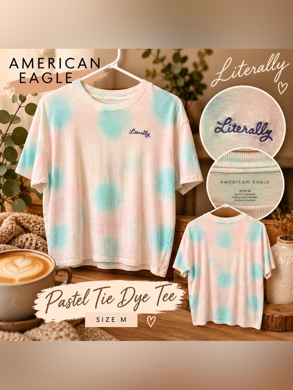 American Eagle Pastel Tie Dye Literally Embroidered T-Shirt Size M